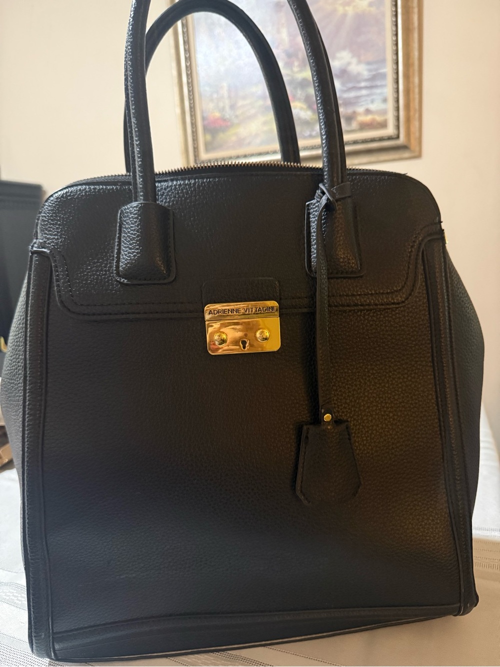 Adrienne Vittadini Black Pebbled Leather Satchel with Gold Hardware